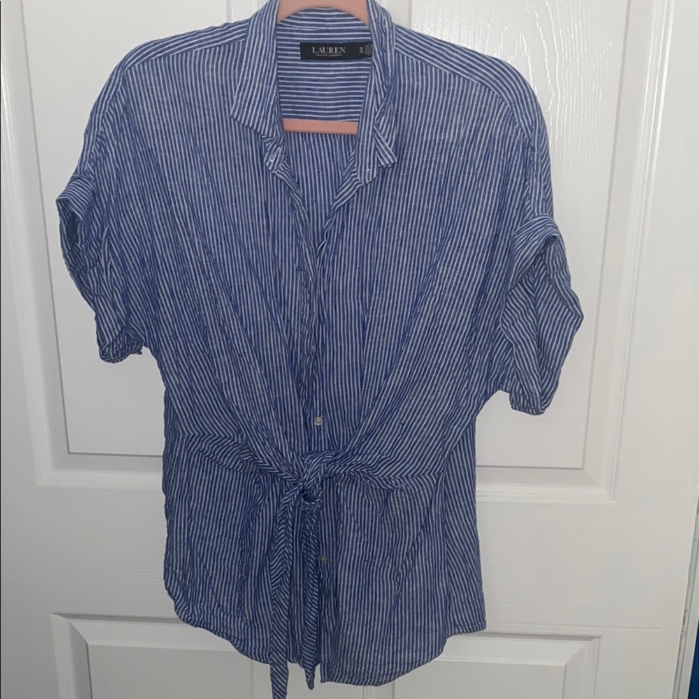 Ralph Lauren Blue Chambray Blouse with Knotted Waist